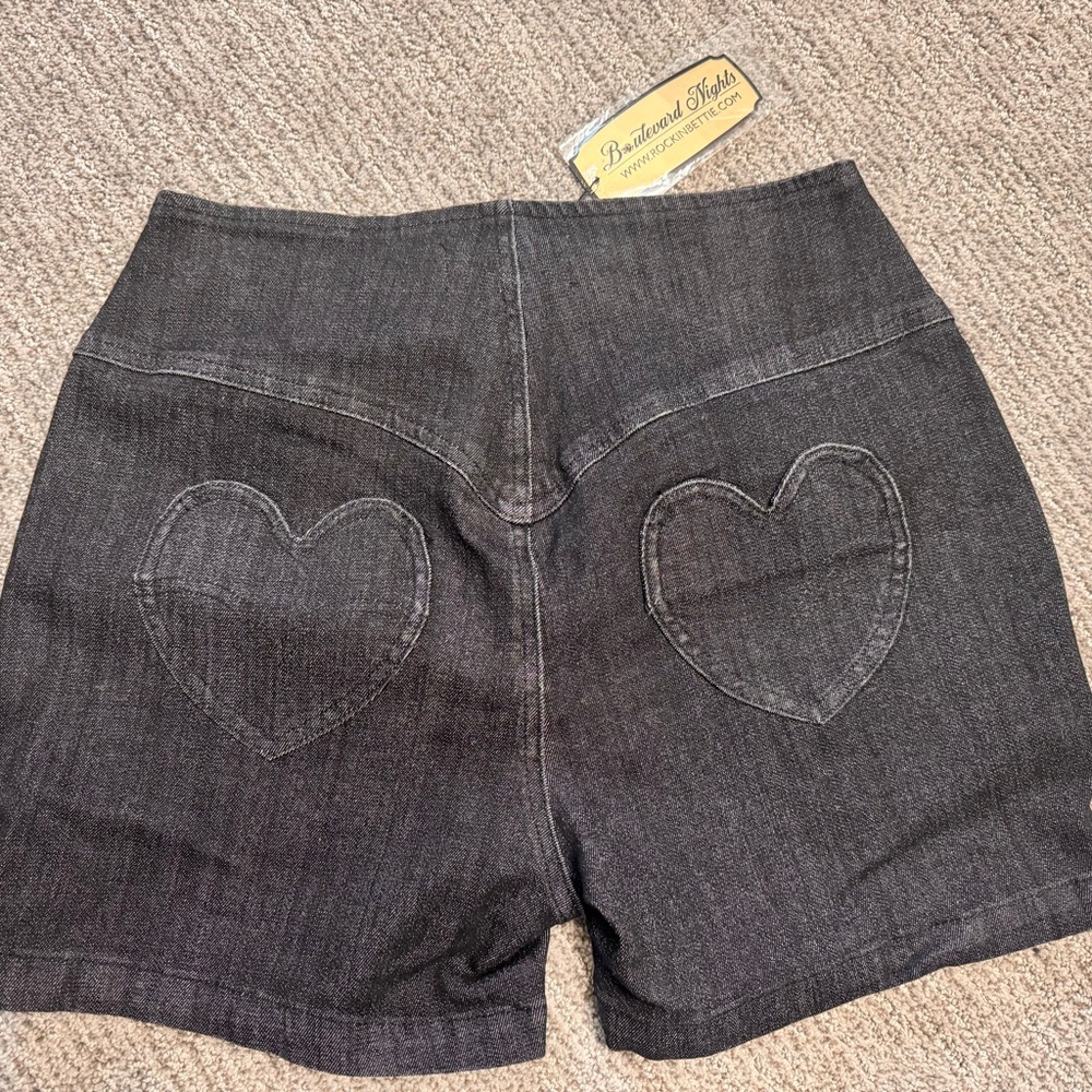 High-Rise Dark Denim Shorts w/ heart pockets & Front Button Detail - Picture 7 of 16